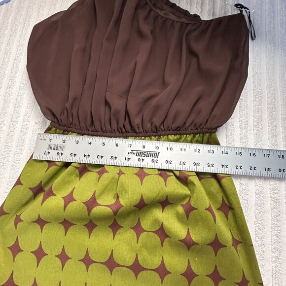 Vintage Judith March One Shoulder Dress Womens Medium Brown Green Short Party - Picture 6 of 8